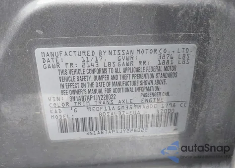 2018 Nissan Sentra Sv z USA, uszkodzony, nr VIN 3N1AB7AP1JY228022